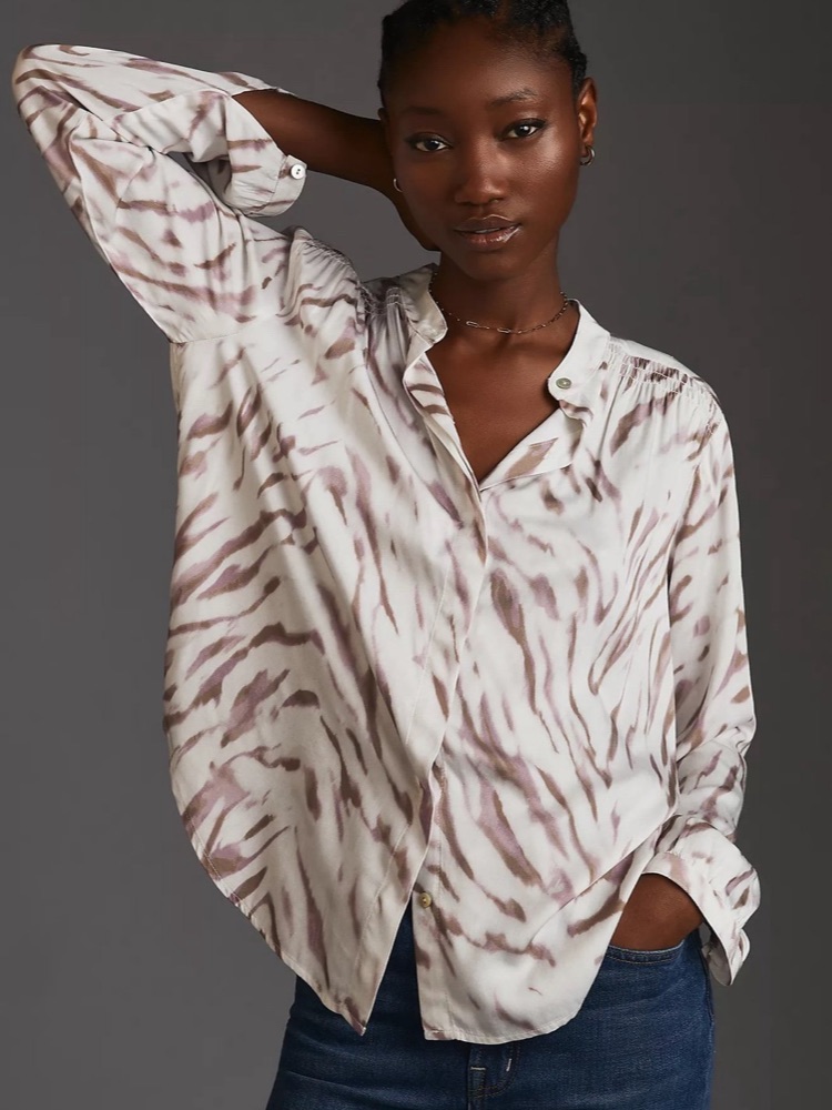 Bella Dahl Ecovero Satin Frosted Zebra Smocked Blouse L Euc